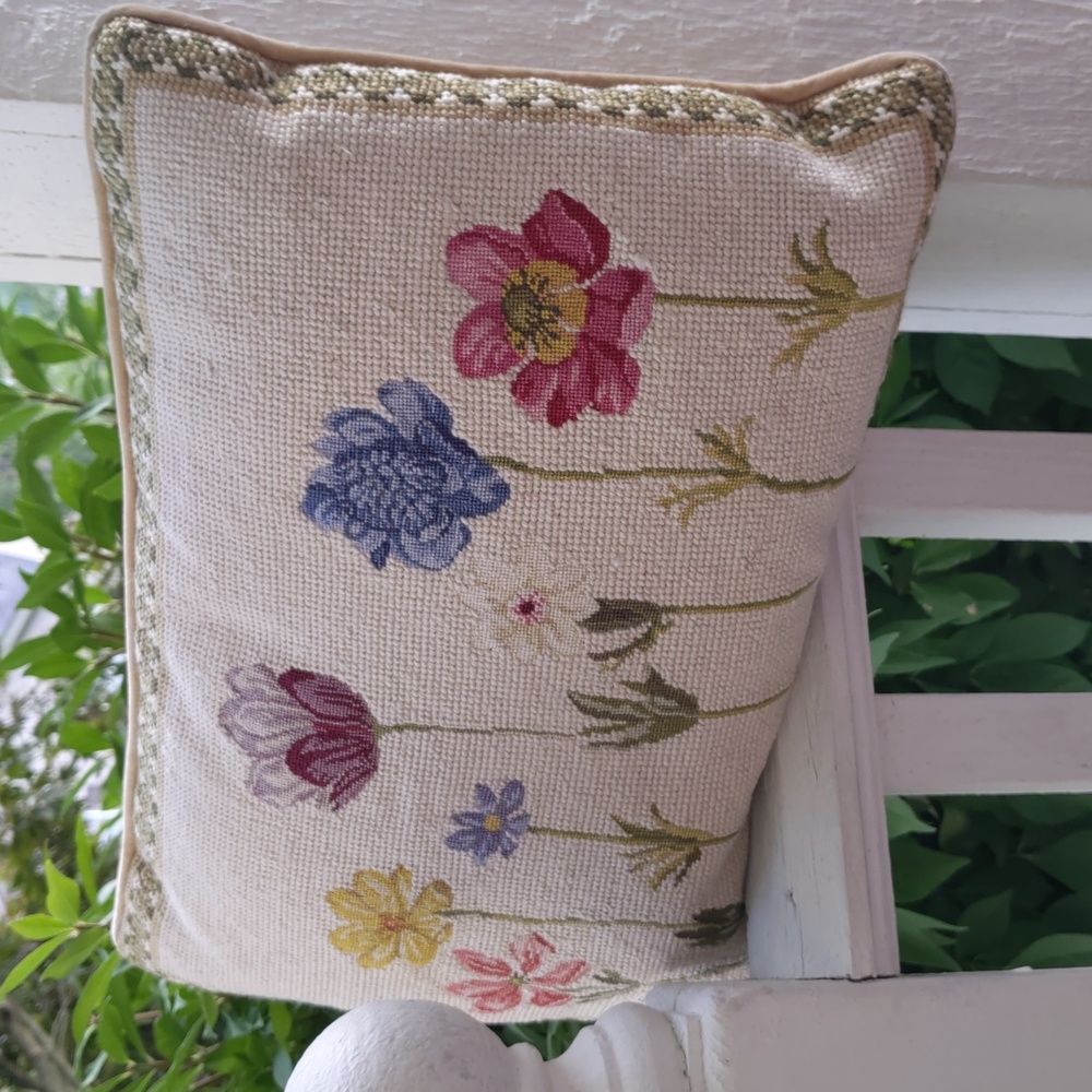 Vintage handsewn flowered pillow wool stitching cotton backing
